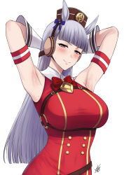 1girl animal_ears armband armpit_crease armpits blunt_bangs blush bow bowtie breasts brown_eyes brown_hat dress ear_bow ear_protection gloves gold_ship_(umamusume) grey_hair hat highres horse_ears horse_girl large_breasts long_hair looking_at_viewer pillbox_hat presenting_armpit purple_bow red_armband red_bow red_bowtie red_dress smile solo sweat umamusume white_gloves xter