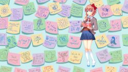 1girl :o balloon bee bird blazer blue_background blue_eyes blue_skirt blush book bow bread bread_slice brown_hair brown_sweater_vest bug button_gap cat character_name cinnamon_roll cloud collared_shirt commentary cookie cow doki_doki_literature_club doki_doki_literature_club_plus doki_doki_literature_club_school_uniform doodle_inset dot_nose double-parted_bangs dress_shirt english_commentary english_text eyebrows_hidden_by_hair food full_body game_cg grey_jacket hair_between_eyes hair_bow heart heart_balloon highres holding holding_notebook holding_pencil insect jacket kneehighs leaning_back legs_together list long_eyelashes long_sleeves looking_up lucidsky mary_janes miniskirt monika_(doki_doki_literature_club) musical_note natsuki_(doki_doki_literature_club) neck_ribbon non-web_source notebook official_art official_wallpaper open_book open_clothes open_jacket open_mouth pancake pancake_stack parted_hair pen pencil pleated_skirt pun raised_eyebrows raised_inner_eyebrows red_bow red_ribbon ribbon sayori_(doki_doki_literature_club) school_uniform shirt shoes short_hair sidelocks skirt socks solo sparkling_eyes squchan standing star_(symbol) sticker sticky_note sun sweater_vest tareme thick_eyelashes thighs thinking tic-tac-toe tiptoes toast v-neck wavy_hair white_shirt white_shoes white_socks wide-eyed wing_collar yuri_(doki_doki_literature_club)