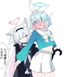 ! !! 2girls @_@ absurdres animal_ear_fluff animal_ears arona_(blue_archive) behind_another black_choker black_coat black_hairband black_sailor_collar black_skirt blue_archive blue_eyes blue_hair blue_halo blue_shirt blunt_bangs blush bow_hairband braid cat_ears cat_tail choker closed_mouth coat colored_inner_hair commentary_request cowboy_shot full-face_blush gradient_clothes gradient_hair gradient_shirt grey_choker grey_hair grey_neckerchief grey_ribbon hair_over_one_eye hair_ribbon hairband halo hand_on_another&#039;s_stomach heart heart_halo high-waist_skirt highres kemonomimi_mode loli long_hair long_sleeves looking_at_another looking_at_viewer midriff_peek miniskirt multicolored_hair multiple_girls navel neckerchief open_clothes open_coat parted_lips peace_peace009 pink_hair pink_halo pink_pupils plana_(blue_archive) pleated_skirt puffy_long_sleeves puffy_sleeves ribbon sailor_collar school_uniform serafuku shirt side_braid simple_background skirt speech_bubble surprised tail translation_request two-tone_hair very_long_hair white_background white_hairband white_ribbon white_sailor_collar white_skirt