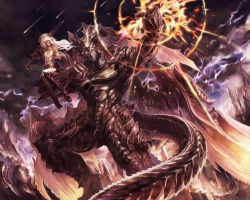 Rule 34 | 1girl, armor, blue eyes, claws, cloud, dark skin, epic, fantasy, fire, gauntlets, greaves, horns, long hair, monster, pixiv fantasia, pixiv fantasia 5, purple eyes, shooting star, sitting, sky, suzuya akinori, sword, tail, thighhighs, weapon, white hair, white thighhighs, wings