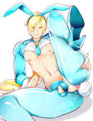 Rule 34 | 1boy, anal beads, anal tail, animal ear hairband, animal ears, blonde hair, blue boots, blue hairband, blue nails, blue necktie, blue sleeves, blue thighhighs, boots, butt plug, censored, clothing cutout, commentary request, covered penis, dragon quest, dragon quest xi, fake animal ears, fake tail, hairband, heart, heart censor, heart cutout, homeros (dq11), leg lift, leg up, linea alba, looking at viewer, low ponytail, male focus, meme attire, navel, necktie, nipples, nodosabu, ponytail, rabbit ears, rabbit tail, reverse bunnysuit, reverse outfit, smile, solo, tail, testicles, thigh boots, thighhighs, white background, yellow eyes