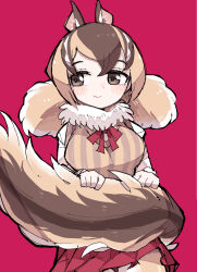 Rule 34 | 1girl, animal ears, brown eyes, brown hair, chipmunk ears, chipmunk girl, chipmunk tail, highres, kanmoku-san, kemono friends, looking to the side, pleated skirt, ribbon, siberian chipmunk (kemono friends), siberian chipmunk (old design) (kemono friends), simple background, skirt, sweater vest, tail