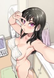 1girl absurdres almost_nude bathroom black_hair blurry blurry_background blush breasts colorized earrings highres jewelry large_breasts long_hair purple_eyes rindo_komari see-through_clothes selfie shiwasu_no_okina solo standing tagme towel towel_over_breasts v visible_ears