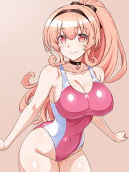 1girl black_choker breasts choker choujigen_game_neptune compa competition_swimsuit covered_navel hair_ribbon hairband high_ponytail highleg highleg_one-piece_swimsuit highres large_breasts neptune_(series) one-piece_swimsuit pink_eyes pink_hair pink_one-piece_swimsuit ponytail ribbon swimsuit zatsu