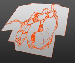 1girl a.i._voice adachi_rei android box cable cardboard_box colored_lineart completely_nude fetal_position gradient_background greyscale headless highres in_box in_container joints kirihi_ko lying monochrome nude on_side robot_girl robot_joints solo spot_color utau x-ray