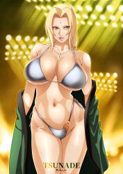 1girl absurdres bare_shoulders bikini black_background blonde_hair breasts brown_eyes character_name cleavage collarbone facial_mark floodlights forehead_mark green_jacket grey_bikini highres jacket jewelry konohagakure_symbol large_breasts legs_together long_hair looking_at_viewer low_twintails naruto naruto_(series) navel necklace parted_bangs pendant removing_jacket saburo_des sidelocks swimsuit tsunade_(naruto) twintails twitter_username two-tone_background undressing wide_hips yellow_background