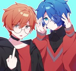 2boys :| adjusting_eyewear aqua_background belt_collar black_choker black_jacket black_shirt blue_eyes blue_hair chinese_commentary choker closed_mouth collar collared_shirt commentary_request eyes_visible_through_hair grey_eyes highres jacket kajiyama_fuuta looking_at_viewer male_focus middle_finger milgram multiple_boys orange_hair outline red_shirt red_sweater sakurai_haruka_(milgram) shirt sweater teardrop-framed_glasses tongue tongue_out upper_body v-shaped_eyebrows white_outline yingwux1