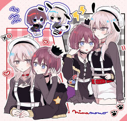 1girl 2girls absurdres belt black_collar black_jacket black_shirt blue_eyes collar girls_band_cry grey_eyes grey_hair hamchan69 hand_on_another&#039;s_head hat heart highres hug hug_from_behind iseri_nina jacket jewelry kawaragi_momoka key key_necklace lock_necklace long_hair long_sleeves multiple_girls necklace red_collar red_hair shirt short_twintails shorts tongue tongue_out twintails white_hat white_shorts yuri