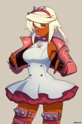 1girl absurdres alternate_costume artist_name blonde_hair bracelet breasts brown_eyes collar collarbone cosplay dark-skinned_female dark_skin dress elphelt_valentine elphelt_valentine_(cosplay) guilty_gear guilty_gear_strive hairband highres jewelry long_hair looking_at_viewer medium_breasts ramlethal_valentine simple_background smgold solo spiked_bracelet spiked_collar spiked_hairband spiked_jacket spiked_thighlet spikes thighlet white_dress