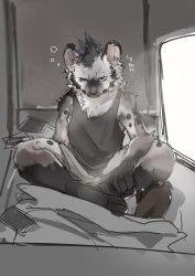 1boy annoyed ao_gravity arknights black_tank_top commentary_request dog_nose ear_piercing eyebrow_piercing face_piercing furry furry_male grey_fur grey_shorts highres hyena_boy hyena_ears hyena_tail indian looking_at_viewer male_focus on_bed piercing shorts sitting spot_(arknights) spotted_fur squeans tank_top translation_request
