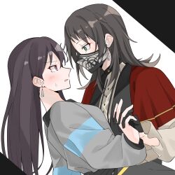 Rule 34 | 2girls, bang dream!, bang dream! it&#039;s mygo!!!!!, black gloves, black hair, black mask, blue eyes, capelet, commentary request, earrings, eye contact, gloves, grey jacket, highres, jacket, jewelry, long hair, looking at another, mask, medium hair, mouth mask, multiple girls, nanami (nunnun 0410), open mouth, purple eyes, red capelet, shiina taki, timoris (bang dream!), upper body, yahata umiri, yuri