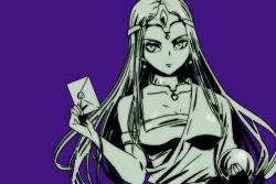 1girl armlet ball breasts cleavage collarbone commentary_request dragon_quest dragon_quest_iv dragon_quest_x earrings envelope forehead_protector greyscale_with_colored_background holding holding_ball holding_envelope jewelry large_breasts long_hair looking_to_the_side minea_(dq4) necklace ozogori_(user_tzaz2447) parted_hair purple_background solo sphere_earrings upper_body