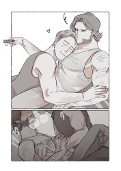 2boys :3 after_kiss arm_hair blush cigar closed_eyes closed_mouth commentary_request deadpool facial_hair grabbing_another&#039;s_arm hand_under_clothes highres holding holding_cigar large_pectorals looking_at_another lying lying_on_person male_focus marvel multiple_boys muscular muscular_male pants pectoral_pillow pectoral_press pectorals saliva saliva_trail sleeveless sweat tank_top tongue tongue_out wolverine_(x-men) wonpese x-men x-men_film_series x-men_origins:_wolverine yaoi