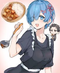 1boy 1girl aaaaau_2025 apron blue_eyes blue_hair breasts chibi chibi_inset collarbone food hair_between_eyes highres large_breasts light_blush looking_at_viewer maid maid_apron natsuki_subaru open_mouth re:zero_kara_hajimeru_isekai_seikatsu rem_(re:zero) rice short_hair stew upper_body
