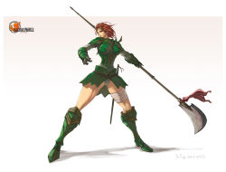 1girl aelia armor bandages blue_eyes boobplate boots breastplate breasts brown_hair female_focus glaive_(polearm) greaves halberd highres irving-zero large_breasts polearm sheath sheathed short_hair solo sword valkyrie_profile_(series) vambraces weapon