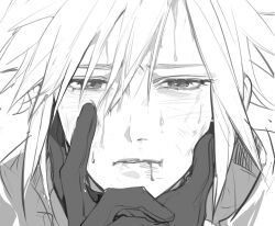 2boys black_gloves blood blood_on_face chinese_commentary cloud_strife eyelashes final_fantasy final_fantasy_vii fui_(fui29493452) furrowed_brow gloves greyscale hand_on_another&#039;s_cheek hand_on_another&#039;s_face highres male_focus monochrome multiple_boys parted_lips sephiroth short_hair sweat wet yaoi