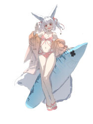 Rule 34 | 1girl, :d, animal ear fluff, animal ears, bare shoulders, bikini, bikini under clothes, breasts, brown jacket, collarbone, commentary request, drawstring, fang, fox ears, fox girl, fox tail, full body, hand up, highres, jacket, long sleeves, looking at viewer, navel, off shoulder, open clothes, open jacket, open mouth, original, pink bikini, pink sandals, puffy long sleeves, puffy sleeves, red eyes, sandals, see-through clothes, see-through jacket, simple background, small breasts, smile, solo, swimsuit, tail, twintails, white background, white hair, yuuji (yukimimi)