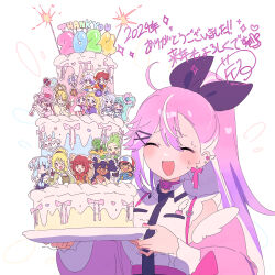 1girl 2024 ^_^ akino_kaede amulet_heart ash_ketchum belt belt_buckle belt_collar black_bow black_necktie bow bow_earrings breast_pocket buckle buttons cake candle cilan_(pokemon) closed_eyes collar collared_shirt commentary_request cure_friendy cure_lillian cure_nyammy cure_wonderful daifuku_(precure) dot_nose earrings eyelashes fire food frilled_sleeves frills gen_5_pokemon gradient_hair hair_between_eyes hair_bow happy heart heart_button heart_earrings high-waist_skirt highres hinamori_amu holding holding_plate hotori_tadase inukai_iroha inukai_komugi iris_(pokemon) jewelry light_blush long_hair long_sleeves magia_record:_mahou_shoujo_madoka_magica_gaiden mahou_shoujo_madoka_magica minami_rena multicolored_hair multiple_earrings necktie nekoyashiki_mayu nekoyashiki_yuki nervous_sweating new_year nico-sama nintendo open_mouth original pansage pink_belt pink_hair pink_skirt plate platinum_royale pocket pokemon pokemon_(anime) pokemon_bw_(anime) ponytail precure puffy_long_sleeves puffy_sleeves purple_hair serizane-chan_(paru_rari) serizawa_serizane shirt shugo_chara! skirt sleeveless sleeveless_shirt small_kyubey smile solo streaked_hair sweat thank_you togame_momoko toyama_satoru upper_body very_long_hair white_background white_hair white_shirt wonderful_precure!