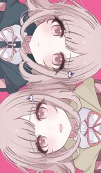 2girls :d chi_gu danganronpa_(series) danganronpa_2:_goodbye_despair dress_shirt dual_persona galaga highres hood hood_down hope&#039;s_peak_academy_school_uniform jacket medium_hair multiple_girls nanami_chiaki neck_ribbon open_mouth pink_eyes pink_ribbon red_ribbon ribbon school_uniform shirt smile spaceship_hair_ornament teeth white_shirt
