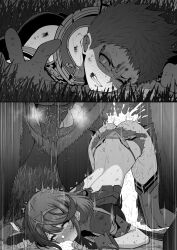 1girl 2boys bestiality clothed_sex commentary_request cum cum_in_mouth defeat ejaculation eruu_(eruuman) highres motion_lines multiple_boys netorare pyra_(xenoblade) rape rex_(xenoblade) rolling_eyes saliva sex sex_from_behind short_hair shorts speed_lines tears textless_version tongue tongue_out top-down_bottom-up torn_clothes torn_shorts xenoblade_chronicles_(series) xenoblade_chronicles_2