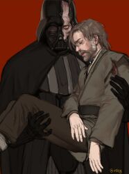 01lcg 2boys absurdres anakin_skywalker armor artist_name beard black_armor black_cape blood cape darth_vader facial_hair highres holding multiple_boys mustache obi-wan_kenobi obi-wan_kenobi_(disney+) red_background simple_background sith star_wars twitter_username