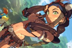 1girl arm_tattoo braid braided_ponytail breasts brown_hair commentary english_commentary green_eyes high_braided_ponytail highres jewelry kayna_(monster_hunter) long_hair looking_at_viewer mask mask_on_head monster_hunter_(series) monster_hunter_stories_2 neck_ring necklace nipples optionaltypo pussy small_breasts smile solo stomach_tattoo tattoo tribal_tattoo velocidrome