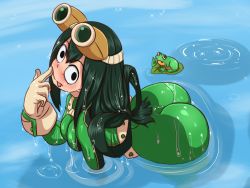 Rule 34 | 10s, 1girl, ass, asui tsuyu, bent over, black eyes, black hair, blush, bodysuit, boku no hero academia, breasts, female focus, finger to mouth, frog, frog girl, gloves, goggles, goggles on head, goldmondsel, kibazoku, long hair, looking at viewer, partially submerged, pond, solo, sparkle, tongue, tongue out, water, wet