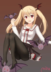 1girl absurdres bad_id bad_pixiv_id bat_(animal) black_pantyhose blonde_hair blush breasts collarbone female_focus head_wings highres long_hair long_sleeves looking_at_viewer medium_breasts mira-sumter open_mouth pantyhose red_eyes shadowverse smile solo twintails vampy wings