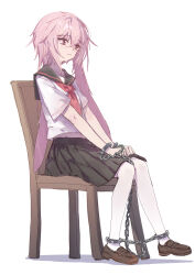 1boy absurdres alternate_costume animal_ears ansel_(arknights) arknights chain cuffs handcuffs highres long_hair midriff midriff_peek pink_eyes pink_hair pleated_skirt sail sailor_collar sao7 school_uniform skirt solo thighhighs trap