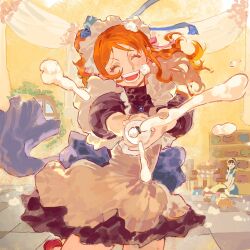 1boy 2girls antlers apron back_ribbon black_dress blue_ribbon closed_eyes commentary_request cowboy_shot dress facing_viewer high_ponytail highres horns indoors long_hair lying maid maid_apron maid_headdress multiple_girls nami_(one_piece) nico_robin official_alternate_costume on_back one_piece open_mouth orange_hair ponytail pov reindeer_antlers reindeer_boy revision ribbon siyangou49 solo_focus tony_tony_chopper wavy_hair white_apron
