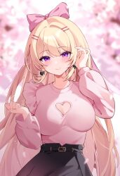 1girl absurdres belt black_belt black_skirt blonde_hair blurry blurry_background blush bow breasts cherry_blossoms cleavage cleavage_cutout clothing_cutout commentary duchi0356 frilled_shirt frills hair_between_eyes hair_bow hair_ornament hairclip hand_in_own_hair hands_up heart_cutout high-waist_skirt highres jewelry long_hair long_sleeves looking_at_viewer medium_breasts original parallel_hairclips pink_shirt purple_eyes ring shirt shirt_tucked_in sidelocks skirt smile solo standing symbol-only_commentary very_long_hair
