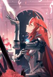 1girl 1other absurdres armor blue_fire cake commentary elisbian english_commentary fire flower food from_side highres hololive hololive_english kneeling long_hair looking_up nerissa_ravencroft number_candle red_eyes red_flower red_hair red_rose rose streamers virtual_youtuber