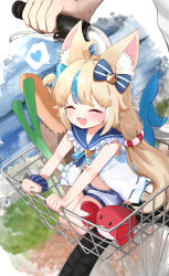 1girl absurdres animal_ear_fluff animal_ears blue_hair closed_eyes commentary english_commentary heart highres indie_virtual_youtuber kaniki_(sameko_saba) knbd long_hair multicolored_hair sailor_collar sameko_saba shopping_cart spoken_heart streaked_hair tail virtual_youtuber