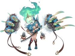 1girl absurdres animal_ear_fluff animal_ears animal_feet animal_hands aqua_hair atelier_(series) atelier_yumia azur_lane bare_shoulders belt blue_hair body_fur breasts bright_pupils brown_hairband claws clenched_teeth closed_mouth clothes_pin crop_top fang full_body gold_trim hair_between_eyes hairband hands_up highres holding holding_sword holding_weapon key leg_ribbon lenja lock long_hair looking_at_viewer medium_breasts multicolored_hair navel non-web_source official_art pleated_skirt red_eyes ribbon rigging ship_turret shy simple_background skin_fang skirt solo standing sword tail teeth thick_eyebrows torpedo transparent_background weapon white_hair white_pupils white_skirt