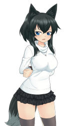 1girl animal_ears arms_behind_back black_hair blue_eyes bound bound_arms breasts cowboy_shot female_focus fox_ears fox_tail frilled_skirt frills hair_between_eyes highres jewelry kanaya_azami large_breasts long_hair miniskirt necklace open_mouth psd_available skirt solo standing sweater tail thighhighs third-party_edit turtleneck turtleneck_sweater ukagaka white_sweater zee_(zee_sub) zettai_ryouiki