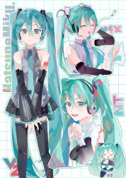 1girl absurdres aqua_eyes aqua_hair aqua_necktie black_boots black_skirt black_sleeves boots breasts character_name closed_eyes closed_mouth collared_shirt detached_sleeves eighth_note facing_ahead grey_shirt grid_background hair_between_eyes hair_ornament hand_up hatsune_miku hatsune_miku_(nt) hatsune_miku_(vocaloid3) hatsune_miku_(vocaloid4) headphones headset highres holding holding_paper layered_sleeves long_hair looking_at_viewer miku39love3 multiple_views music musical_note necktie open_mouth own_hands_together paper pointing shirt shoulder_tattoo sidelocks singing skirt sleeveless sleeveless_shirt small_breasts smile tattoo thigh_boots twintails variations very_long_hair vocaloid white_background white_shirt