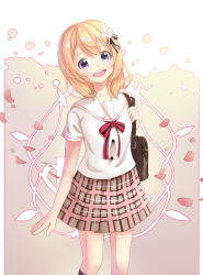 1girl amd_aoneko black_thighhighs blonde_hair brown_skirt double-parted_bangs flower gochuumon_wa_usagi_desu_ka? hair_flower hair_ornament hair_ribbon highres hoto_cocoa hoto_cocoa&#039;s_school_uniform looking_at_viewer medium_hair open_mouth patterned_clothing pink_skirt purple_eyes red_ribbon ribbon sailor_collar school_uniform serafuku shirt short_sleeves skirt solo teeth thighhighs translation_request two-tone_skirt upper_teeth_only white_shirt