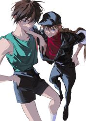 Rule 34 | 2boys, atie1225, bare shoulders, baseball cap, black hat, black jacket, black pants, black shorts, blue eyes, braid, brown hair, commentary, duo maxwell, elbow on another&#039;s shoulder, green shirt, gundam, gundam wing, hair between eyes, hand in pocket, hand on own hip, hat, heero yuy, jacket, lapels, long hair, male focus, multiple boys, pants, red shirt, shirt, short hair, shorts, simple background, single braid, smile, socks, symbol-only commentary, teeth, white background, white socks, zipper