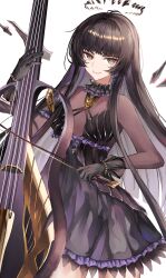 1girl absurdres arknights black_dress black_eyes black_gloves black_hair black_halo black_wings bow_(music) breasts cello detached_wings dress gloves halo highres holding holding_bow_(music) instrument looking_at_viewer music official_alternate_costume playing_instrument puranetto_(vjun4748) simple_background small_breasts smile solo virtuosa_(arknights) virtuosa_(diversity_oneness)_(arknights) white_background wings