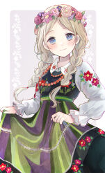 1girl beads belt blue_eyes blush braid closed_mouth collared_dress collared_shirt commentary_request cowboy_shot dot_nose dress floral_print flower flower_wreath green_belt green_dress hair_flower hair_ornament hair_over_shoulder head_wreath long_hair long_sleeves looking_at_viewer multicolored_dress original parted_bangs pink_flower pink_rose polish_clothes puffy_long_sleeves puffy_sleeves purple_dress purple_flower red_flower red_rose rose shirt skirt_hold smile solo striped_clothes striped_dress tententuyu twin_braids white_shirt