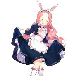 Rule 34 | 1girl, animal ears, apron, blue eyes, closed eyes, clothes lift, kaguya fullmoon, kneehighs, long hair, long sleeves, maid, maid apron, maid headdress, pink hair, puffy sleeves, rabbit ears, salt (salty), simple background, skirt, skirt lift, smile, socks, uchi no hime-sama ga ichiban kawaii, wavy hair, white background, white socks