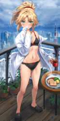 1girl black_bra black_footwear black_panties blonde_hair blue_sky blush bra breasts city cloud coffee crocs cup day fate/apocrypha fate_(series) food green_eyes highres holding holding_cup legs long_sleeves looking_at_viewer mordred_(fate) mug navel off_shoulder panties plant ponytail potted_plant railing revision shirt short_hair single_bare_shoulder sky small_breasts solo standing stomach thighs tonee underwear white_shirt
