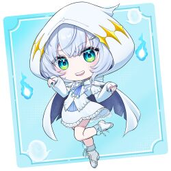 1girl :d absurdres ascot blue_ascot blue_background blue_eyes blue_fire blush boots briareos cape chibi chibi_only commentary_request dress fire frilled_dress frills full_body ghost highres hitodama hood hood_up hooded_cape kasukane_shino large_variant_set looking_at_viewer nanashi_inc. open_mouth short_hair smile solo standing standing_on_one_leg variant_set virtual_youtuber white_background white_boots white_cape white_dress white_hair