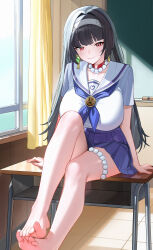 1girl absurdres alternate_breast_size alternate_costume astra_yao barefoot bead_necklace beads black_hair blue_skirt blush breasts chalkboard classroom closed_mouth collarbone commentary_request curtains desk earrings feet hair_intakes hairband highres huge_breasts indoors jewelry long_hair necklace on_desk red_eyes sailor_collar school_desk school_uniform shirt sitting skirt smile solo toes very_long_hair white_hairband white_sailor_collar white_shirt window yueyueyue_yao zenless_zone_zero