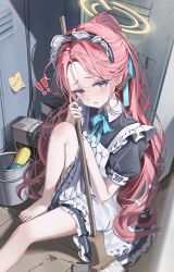! !! 1girl absurdres apron barefoot black_dress blue_archive blue_ribbon box broom cardboard_box commentary dress frills halo highres holding holding_broom knee_up locker loli long_hair looking_at_viewer maid maid_apron maid_headdress neck_ribbon official_alternate_costume orange_halo parted_lips ponytail puffy_short_sleeves puffy_sleeves purple_eyes red_hair ribbon short_sleeves sitting solo umou_(umouawa) wavy_hair white_apron yuzu_(blue_archive) yuzu_(maid)_(blue_archive)