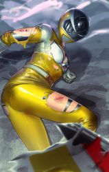 1girl bodysuit denji_sentai_megaranger female_focus gloves highres megaranger short_hair simple_background solo super_sentai tokusatsu torn_clothes