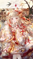 1girl absurdres animal animal_on_shoulder bell bird bird_on_shoulder boqing_xiao_guafu bridge chinese_clothes coin coin_hair_ornament collared_dress commission cowboy_shot dated day double_bun dress eyelashes floating_clothes floating_hair flower_knot frilled_dress frilled_sleeves frills grey_eyes grey_hair hair_bell hair_bun hair_ornament happy high_collar highres holed_coin light_blush light_particles lolita_fashion long_hair long_sleeves mandarin_collar medium_dress open_mouth original outdoors qi_lolita red_ribbon ribbon sample_watermark sky sleeve_ribbon smile solo standing swallow_(bird) tassel tassel_hair_ornament too_many_watermarks very_long_hair watermark wavy_hair white_bird white_dress wide_sleeves yellow_sky