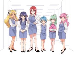 6+girls blonde_hair blue_eyes blue_hair brown_eyes everyone forte_stollen full_body galaxy_angel green_hair hakinikui_kutsu_no_mise high_heels karasuma_chitose long_hair milfeulle_sakuraba mint_blancmanche multiple_girls normad office_lady pencil_skirt pink_hair ranpha_franboise red_eyes red_hair shirt short_hair skirt skirt_set vanilla_h vest
