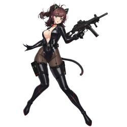 1girl :o ahoge animal_ear_headphones animal_ears belt belt_collar belt_pouch black_belt black_boots black_collar black_gloves black_leotard boots bracelet breasts brown_hair brown_pantyhose cameltoe cat_ear_headphones cat_tail check_weapon cleavage collar collarbone fake_animal_ears fake_tail front-seamed_legwear front_zipper full_body gloves gluteal_fold green_eyes gun headphones high_ponytail highleg highres holding holding_gun holding_weapon jewelry knees_together_feet_apart last_origin latex latex_boots latex_leotard leg_belt leotard long_sleeves looking_at_viewer medium_breasts medium_hair multiple_belts official_alternate_costume official_art pantyhose ponytail pouch seamed_legwear sidelocks simple_background solo standing tachi-e tail thick_thighs thigh_boots thighs third-party_source tomo_(last_origin) transparent_background tunamayo_(dsasd751) unzipped v-shaped_eyebrows weapon weapon_request zipper zipper_leotard