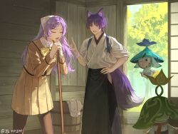 1girl 2boys animal_ears apron aranara_(genshin_impact) arm_at_side black_apron black_hakama black_kimono black_pants blazer blue_bow blunt_ends bow braid braided_bangs bright_pupils brown_skirt brown_sleeves character_request closed_eyes clothing_cutout collar eyelashes facing_to_the_side fingernails floating fox_boy fox_ears fox_tail genshin_impact hair_intakes hakama hand_on_own_hip hand_up headscarf highres hip_vent index_finger_raised indoors jacket japanese_clothes jlypih juban kamisama_hajimemashita kimono large_bow leaning_forward levitation long_hair long_sleeves looking_at_another lower_teeth_only multiple_boys oc_x_canon open_mouth original pants parody parted_bangs pleated_skirt purple_eyes purple_hair red_scarf scaramouche_(genshin_impact) scarf school_uniform sharp_fingernails skirt sleeves_rolled_up tail tasuki teeth tenugui tree tsurime twitter_username waist_apron white_collar white_kimono white_pupils white_sleeves white_undershirt wispy_bangs yellow_bow